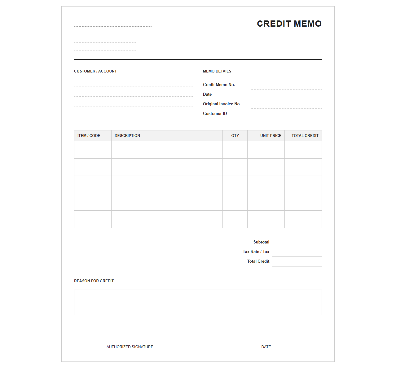 Accounts Receivable Credit Memo Invoice