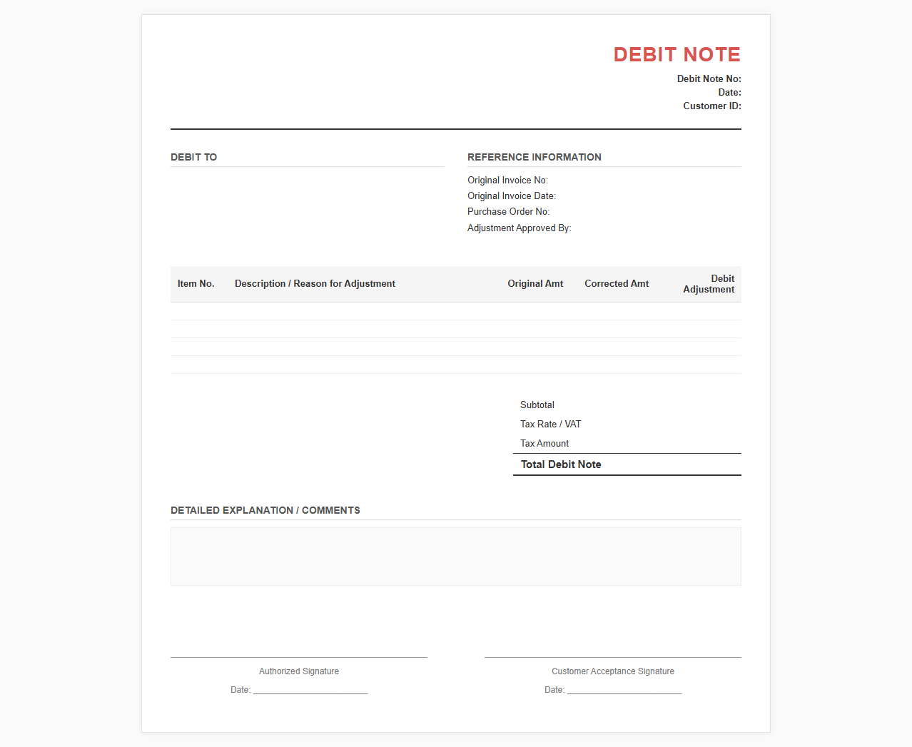 Accounts Receivable Debit Note Adjustment Template