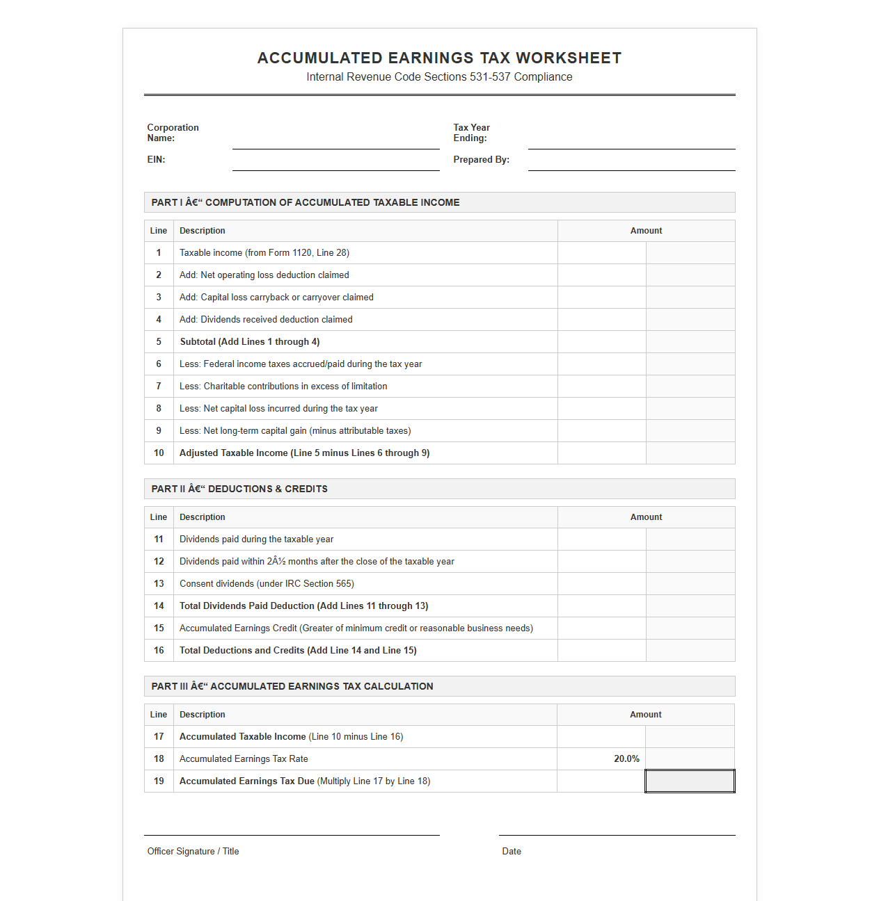 Accumulated Earnings Tax Return Worksheet for Corporations