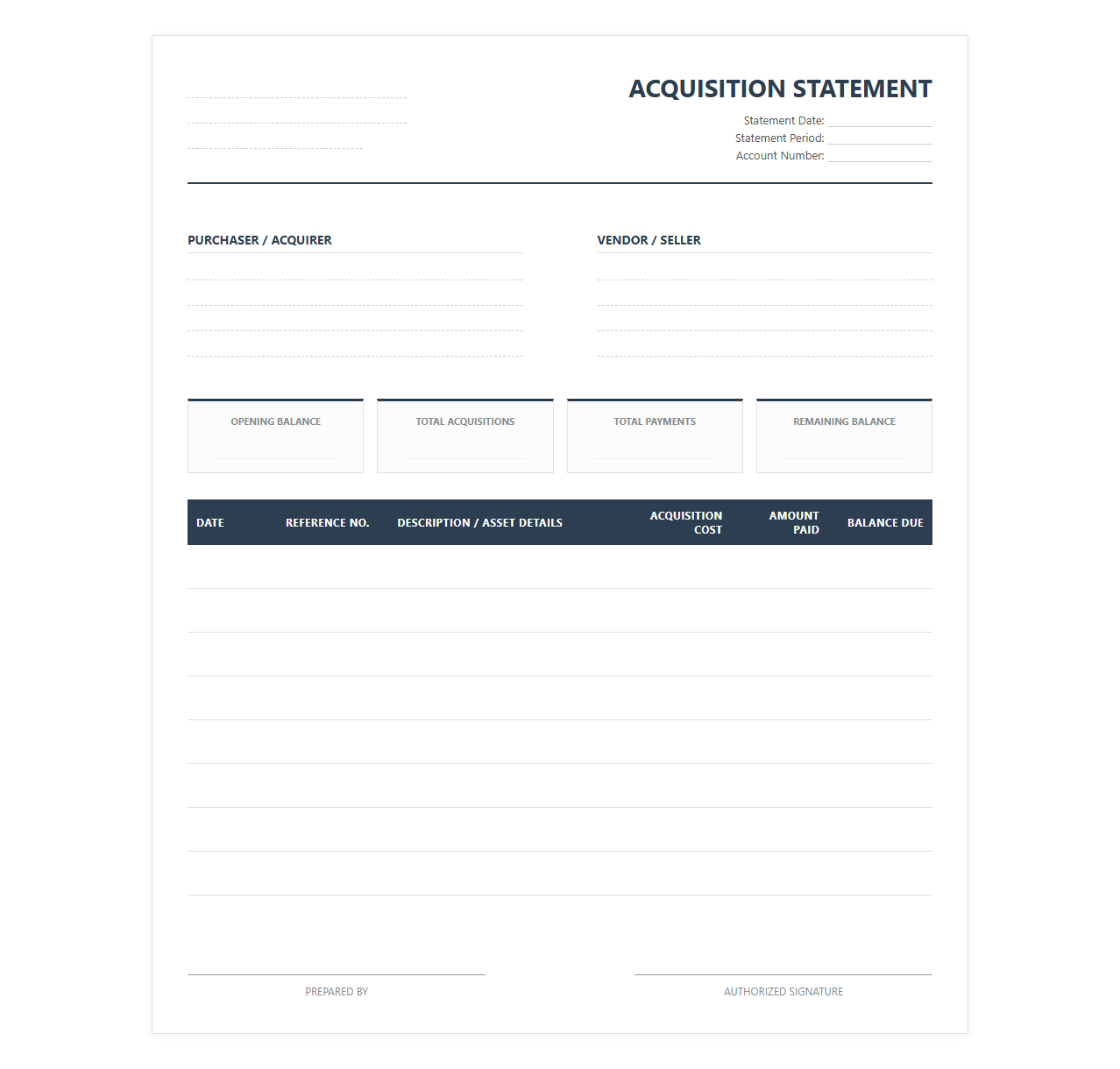 Acquisition Account Statement Template