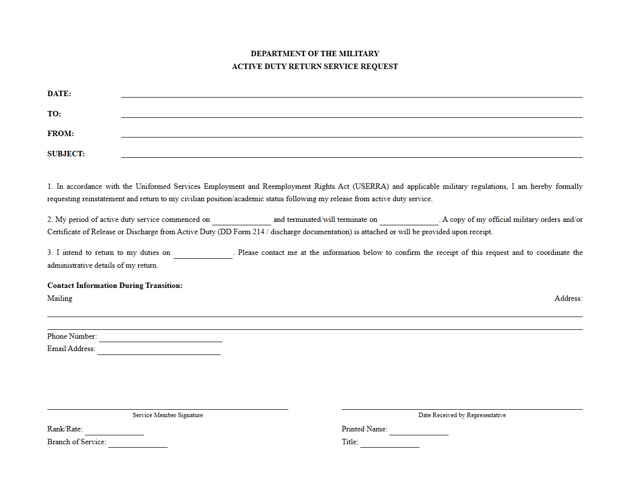 Active Duty Return Request Template for Military Members