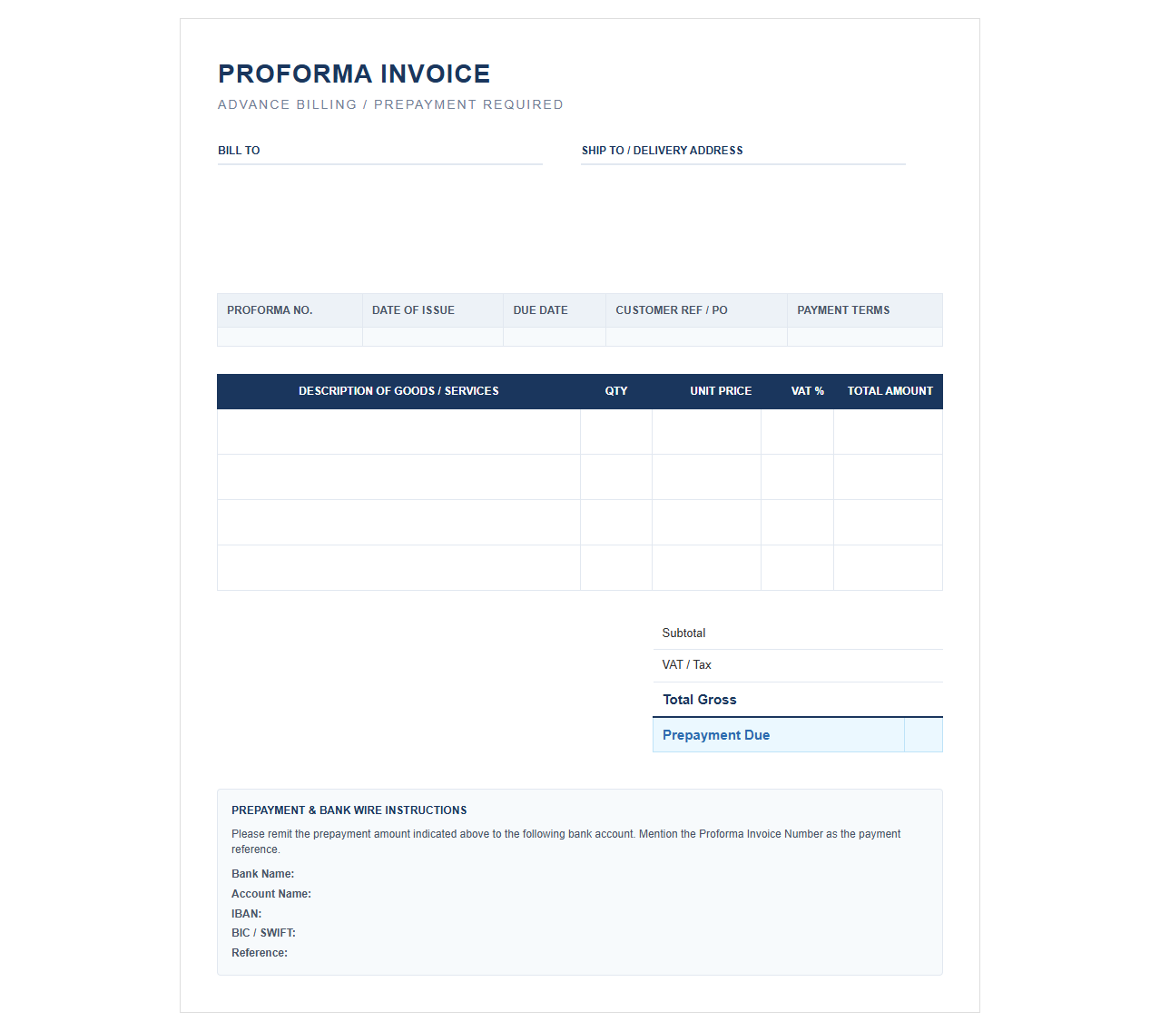 Advance Billing Proforma Invoice Template