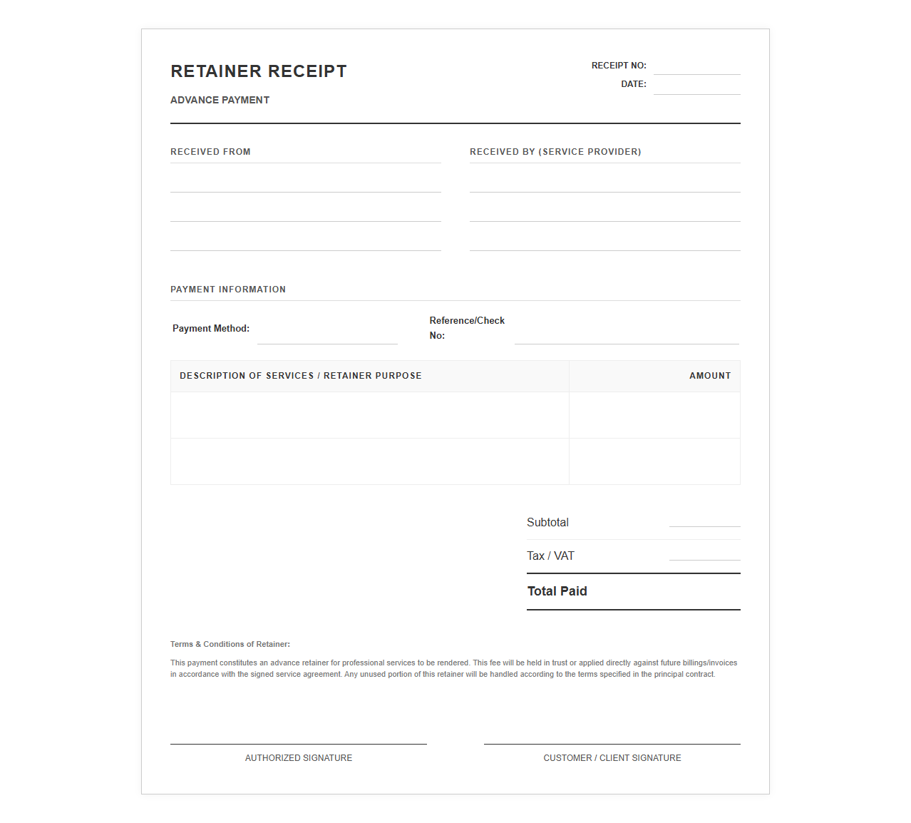 Advance Retainer Payment Receipt