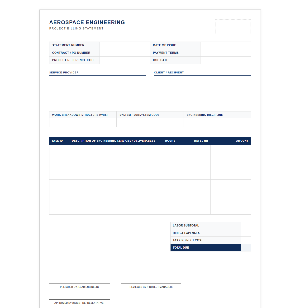 Aerospace Engineering Project Billing Statement