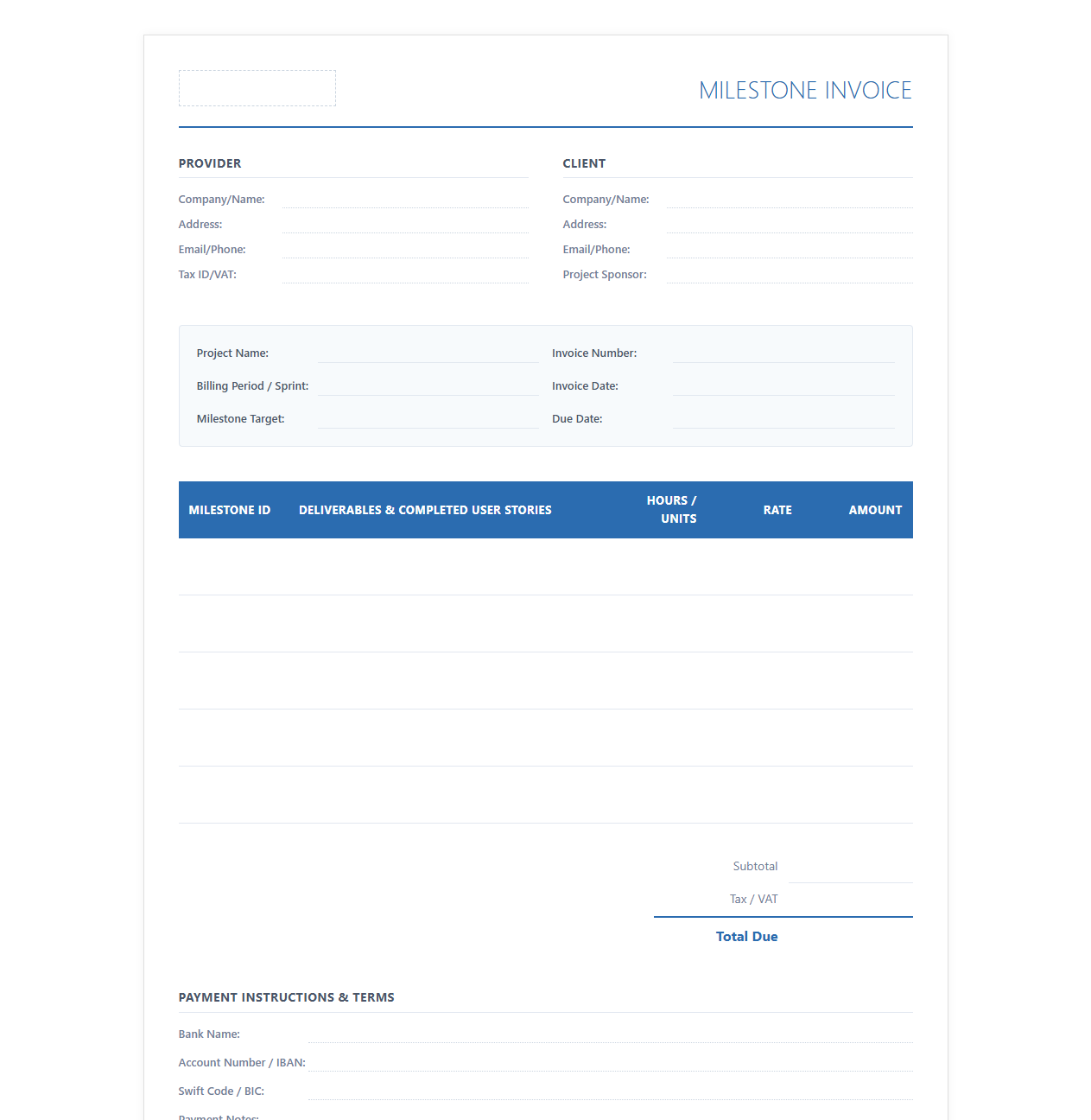 Agile Software Project Milestone Invoice Template