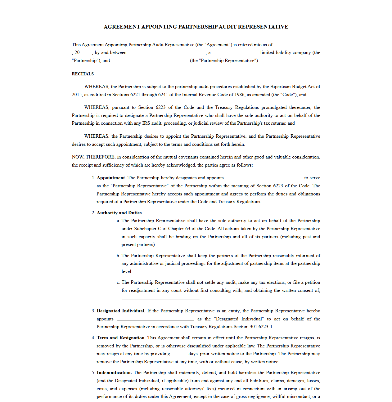 Agreement Appointing Partnership Audit Representative