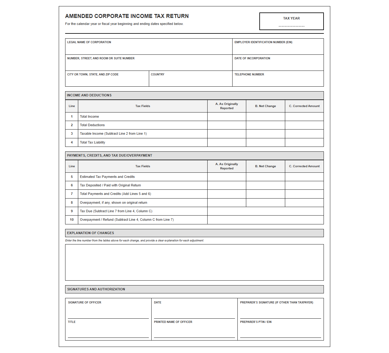 Amended Corporate Income Tax Return Template