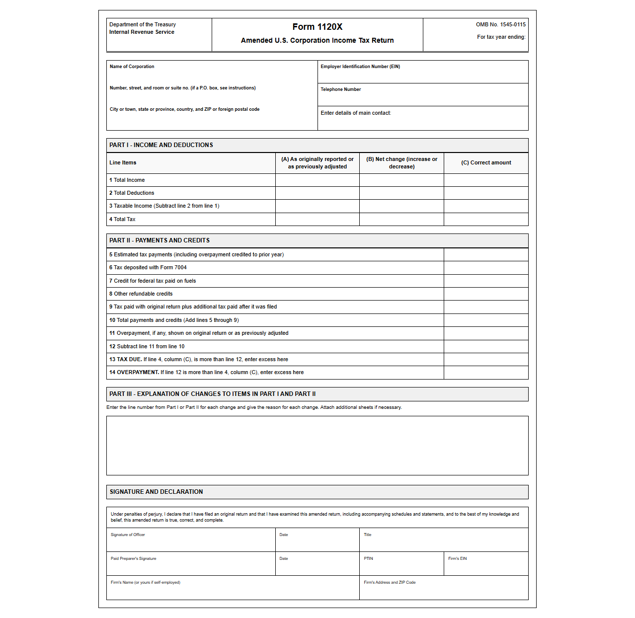 Amended Federal Corporate Income Tax Return Template
