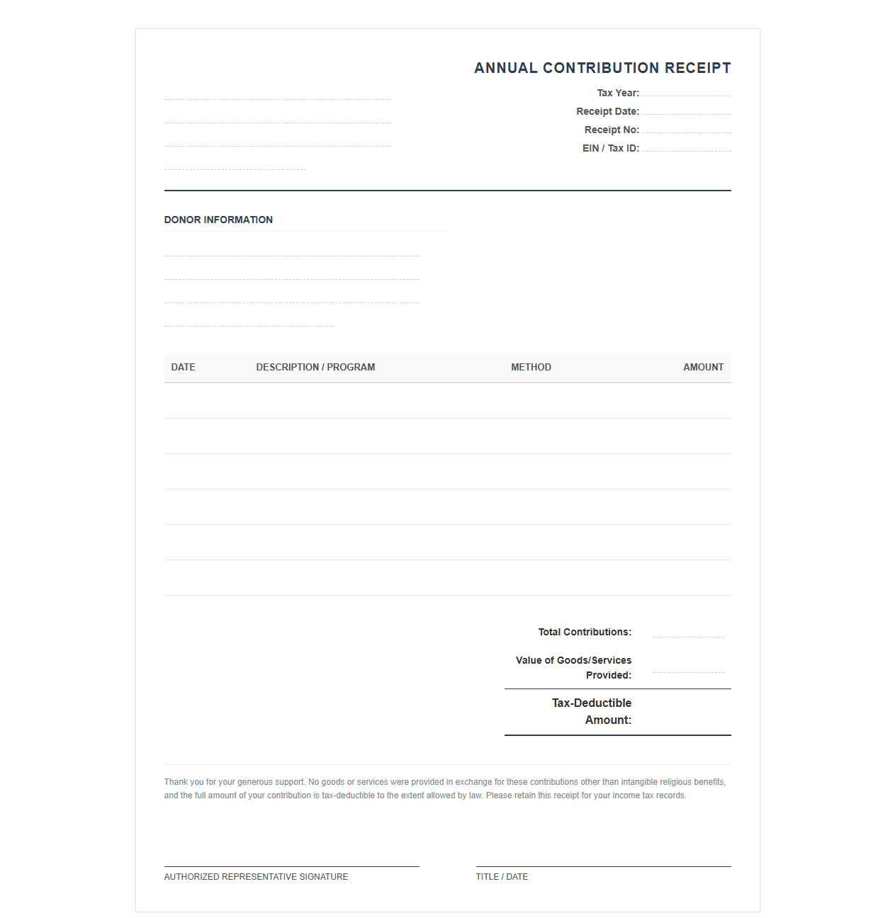 Annual Charitable Giving Summary Receipt Template