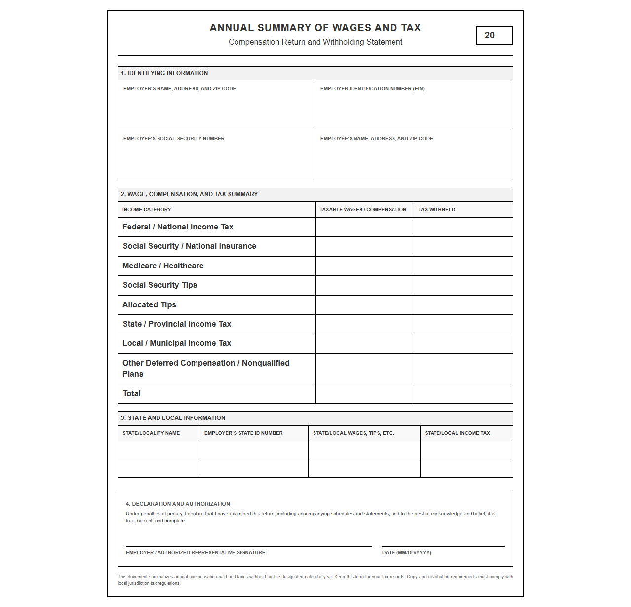 Annual Compensation and Tax Return Summary Form