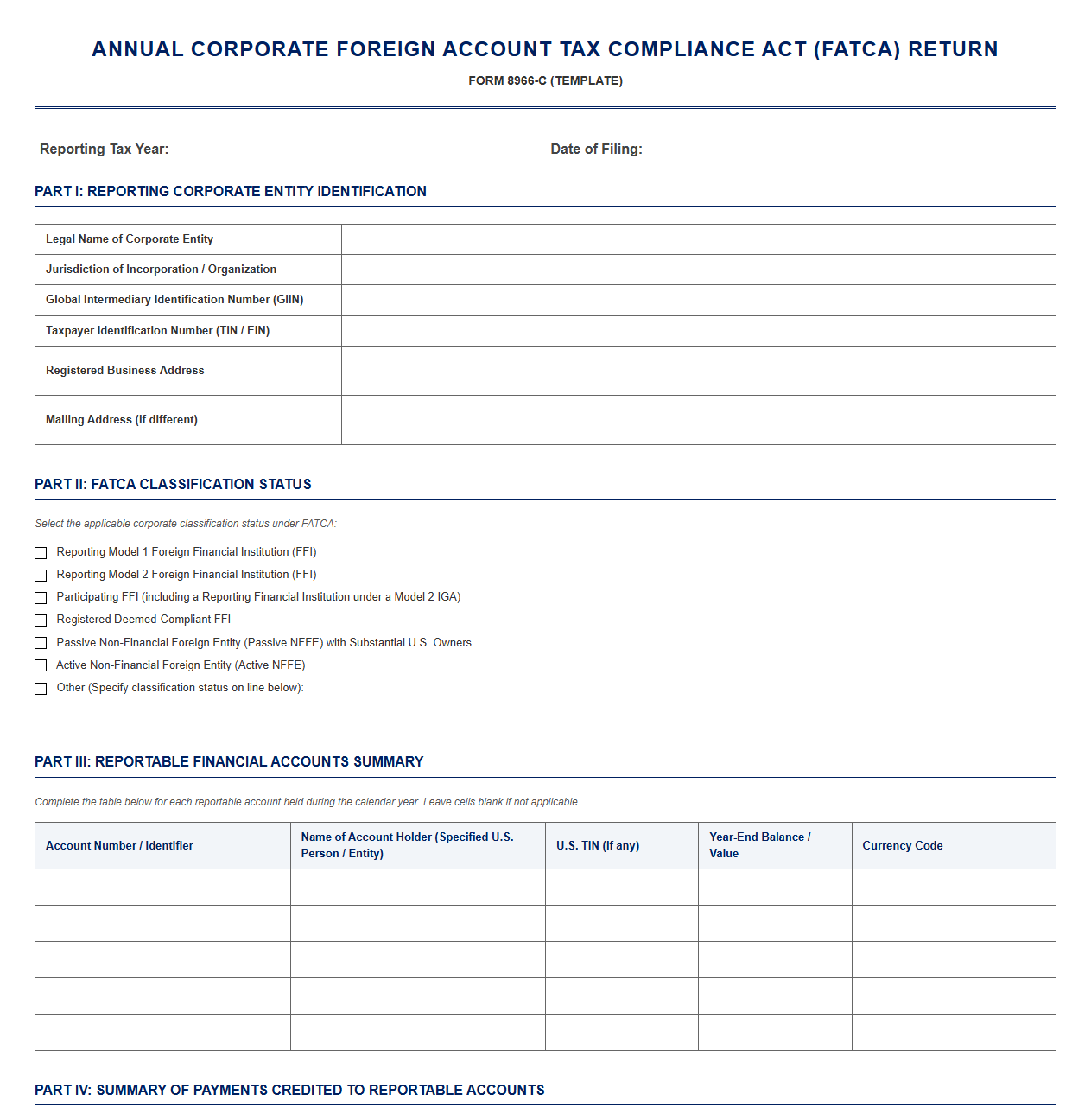 Annual Corporate FATCA Compliance Return Template