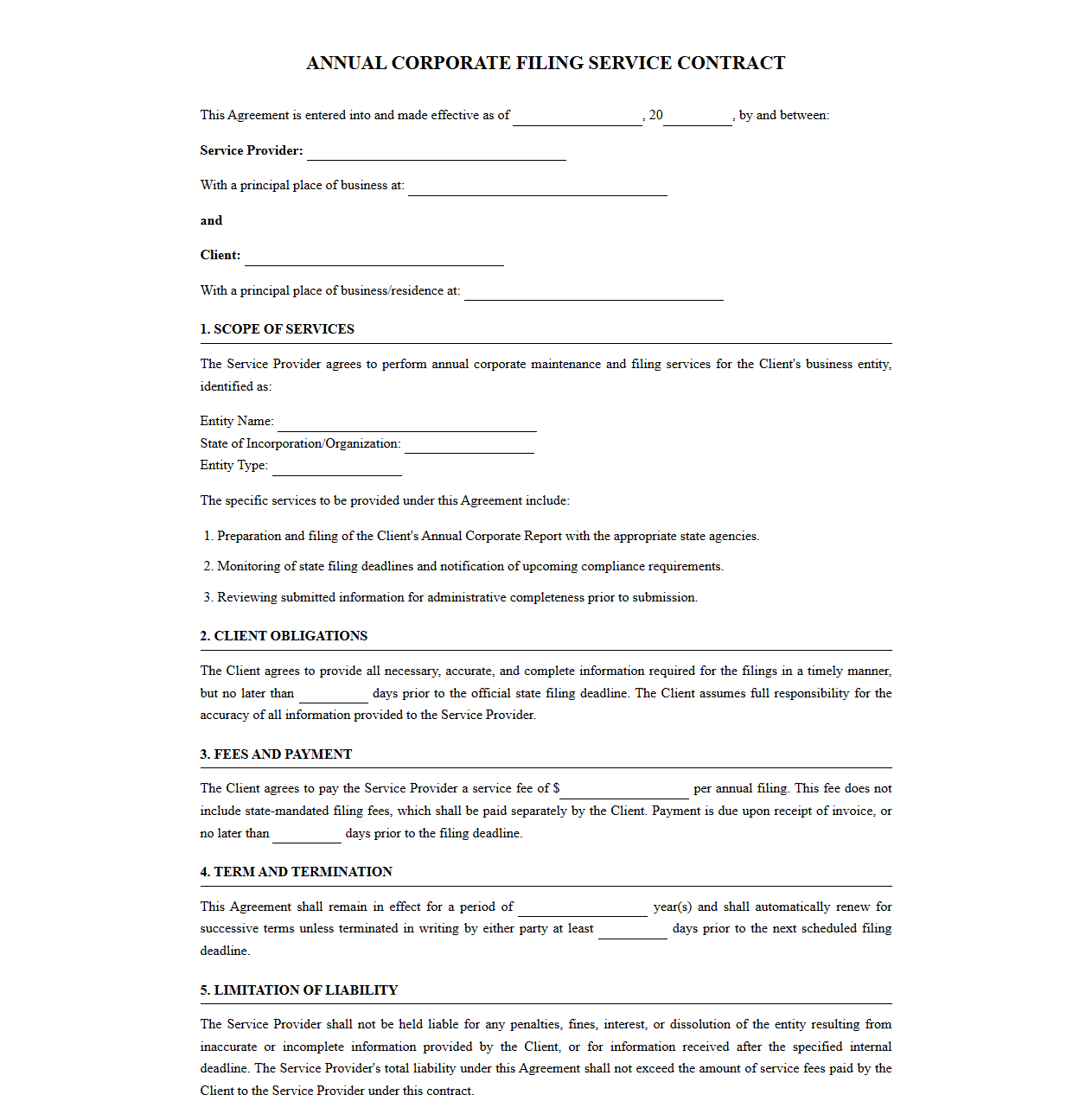 Annual Corporate Filing Service Contract