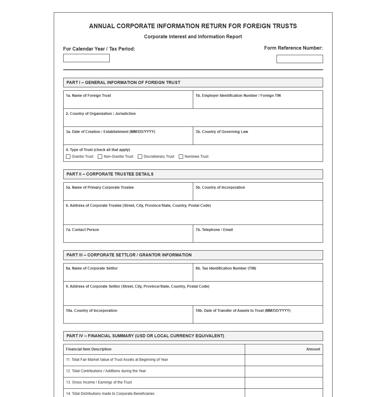 Annual Corporate Information Return Template for Foreign Trusts