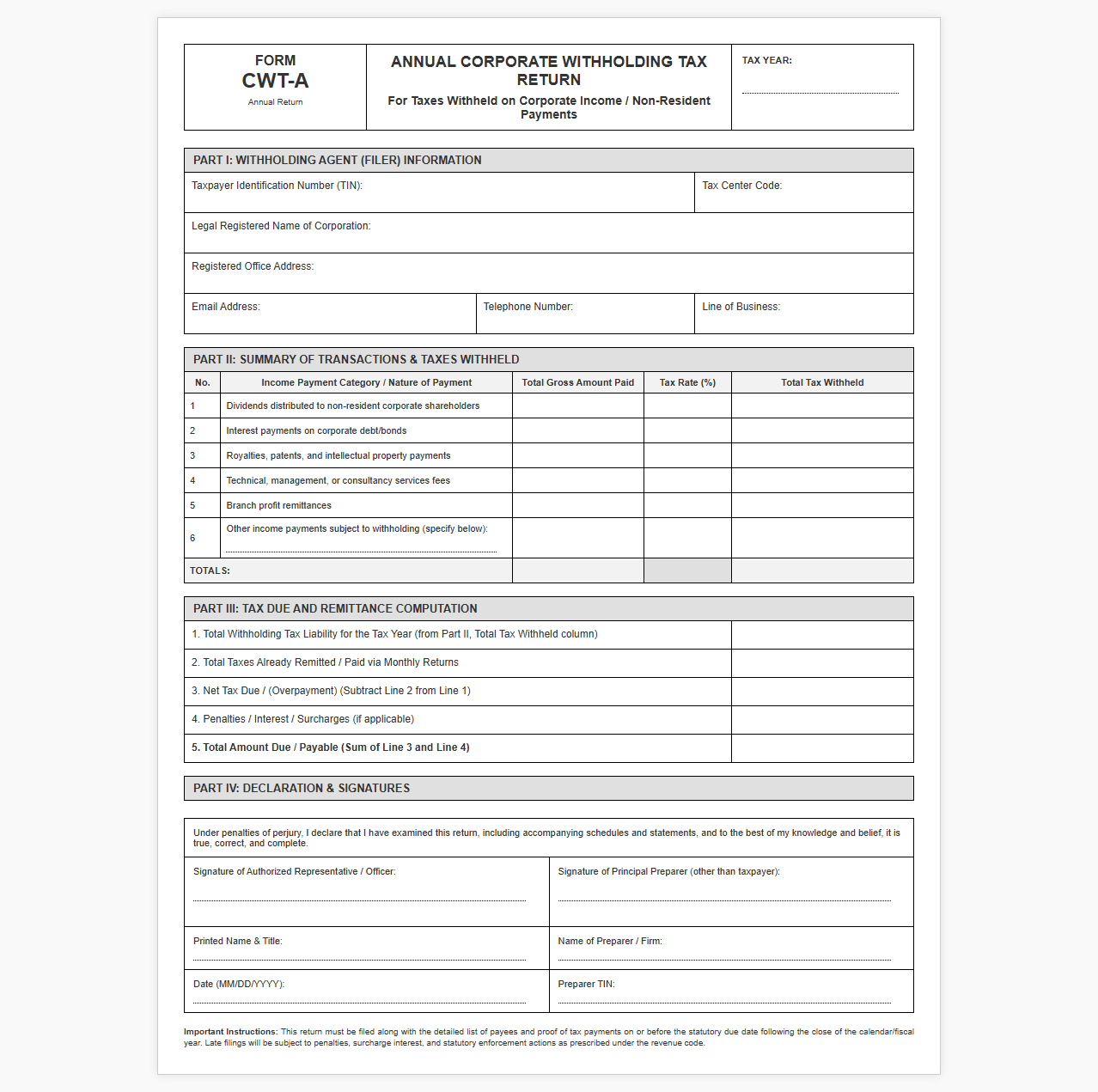 Annual Corporate Withholding Tax Return Template