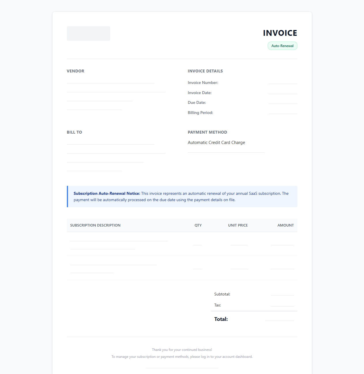 Annual SaaS Subscription Auto Renewal Invoice