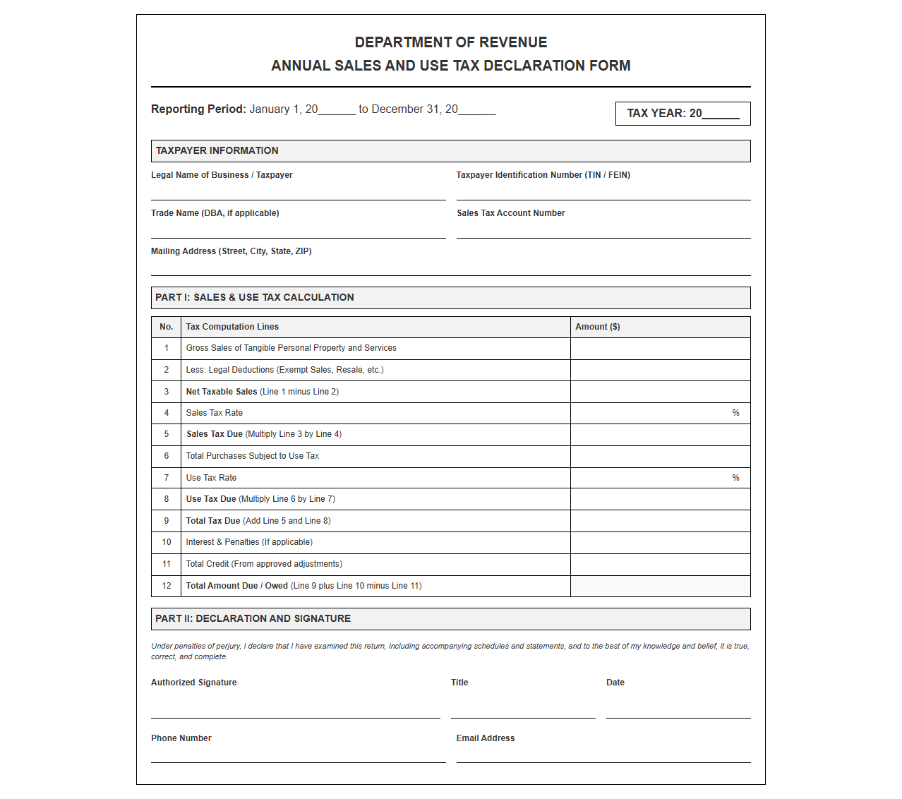 Annual Sales and Use Tax Declaration Form