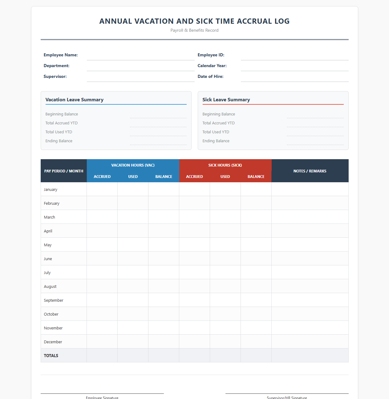 Annual Vacation and Sick Time Accrual Log