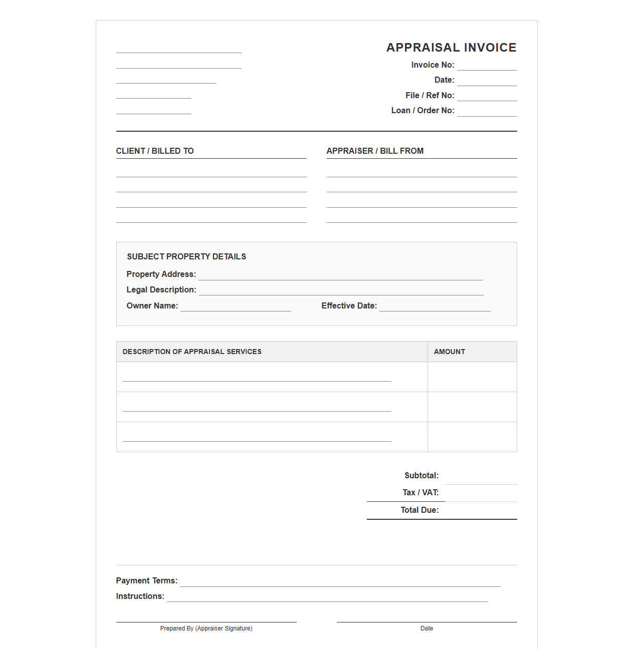 Appraisal Fee Bill and Invoice Template