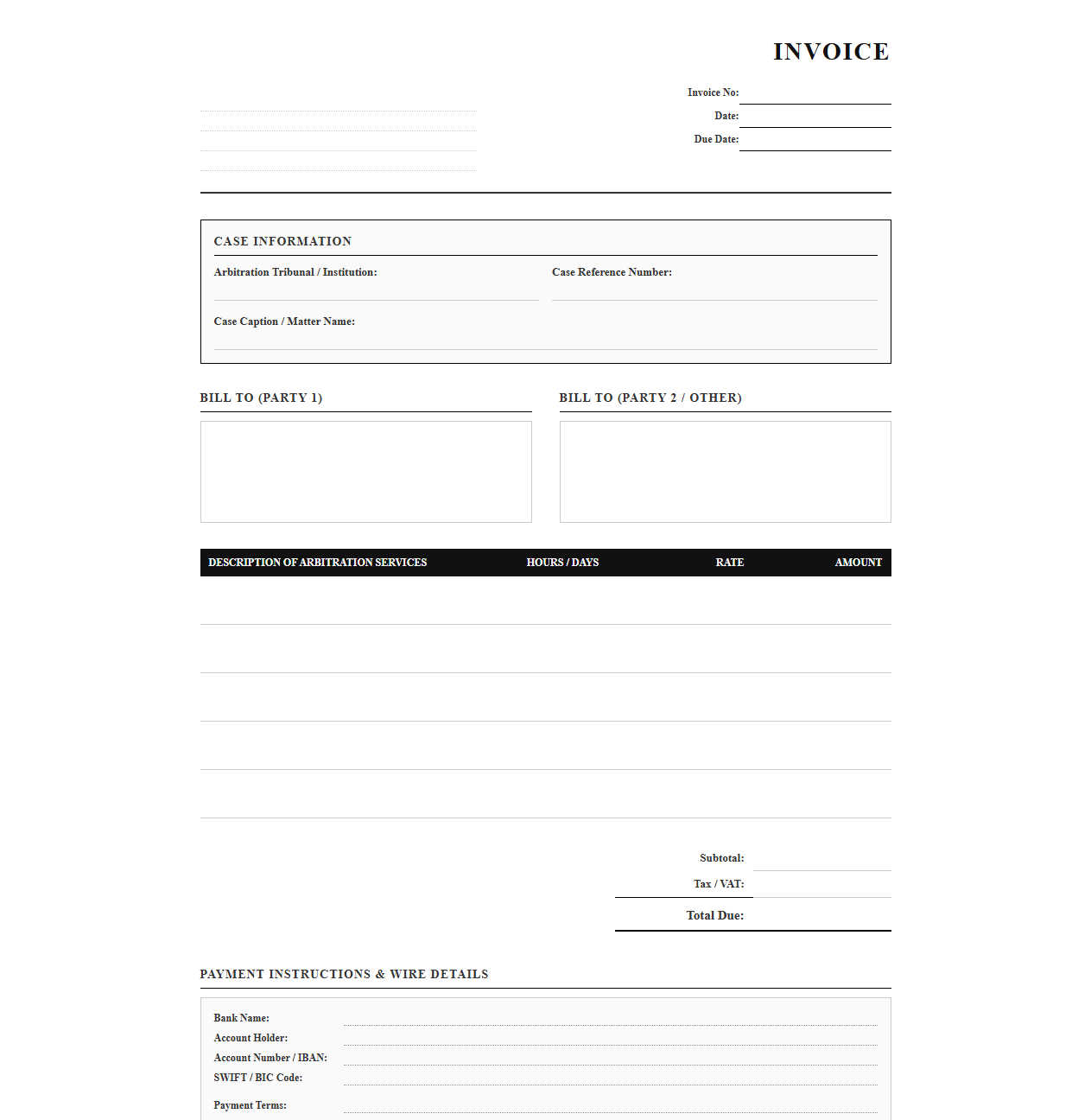 Arbitrator Professional Fees Invoice Template