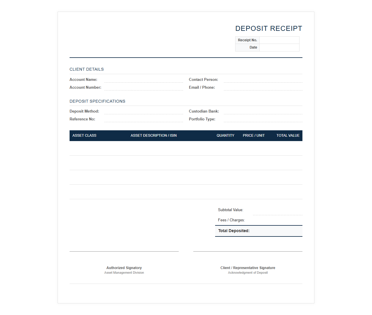 Asset Management Deposit Receipt Template