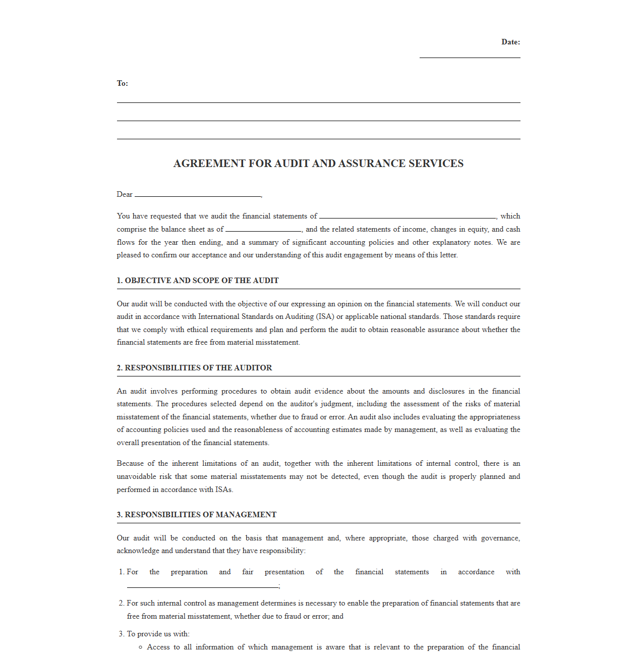 Audit and Assurance Engagement Letter Template
