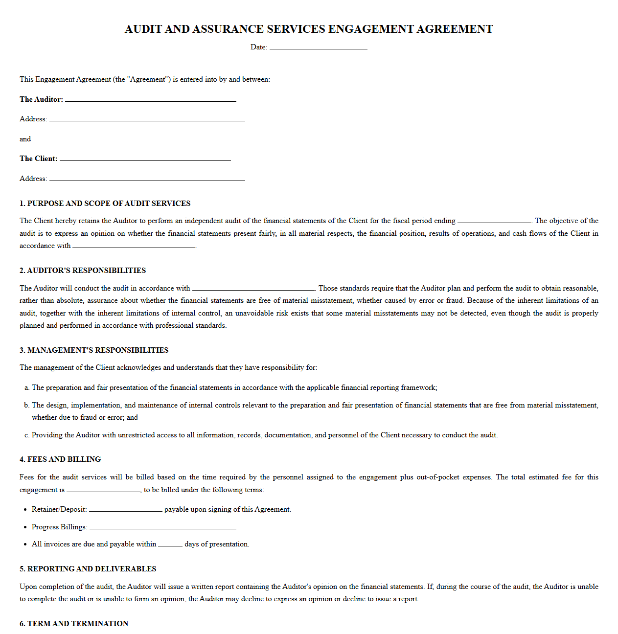 Audit and Assurance Services Engagement Agreement Template