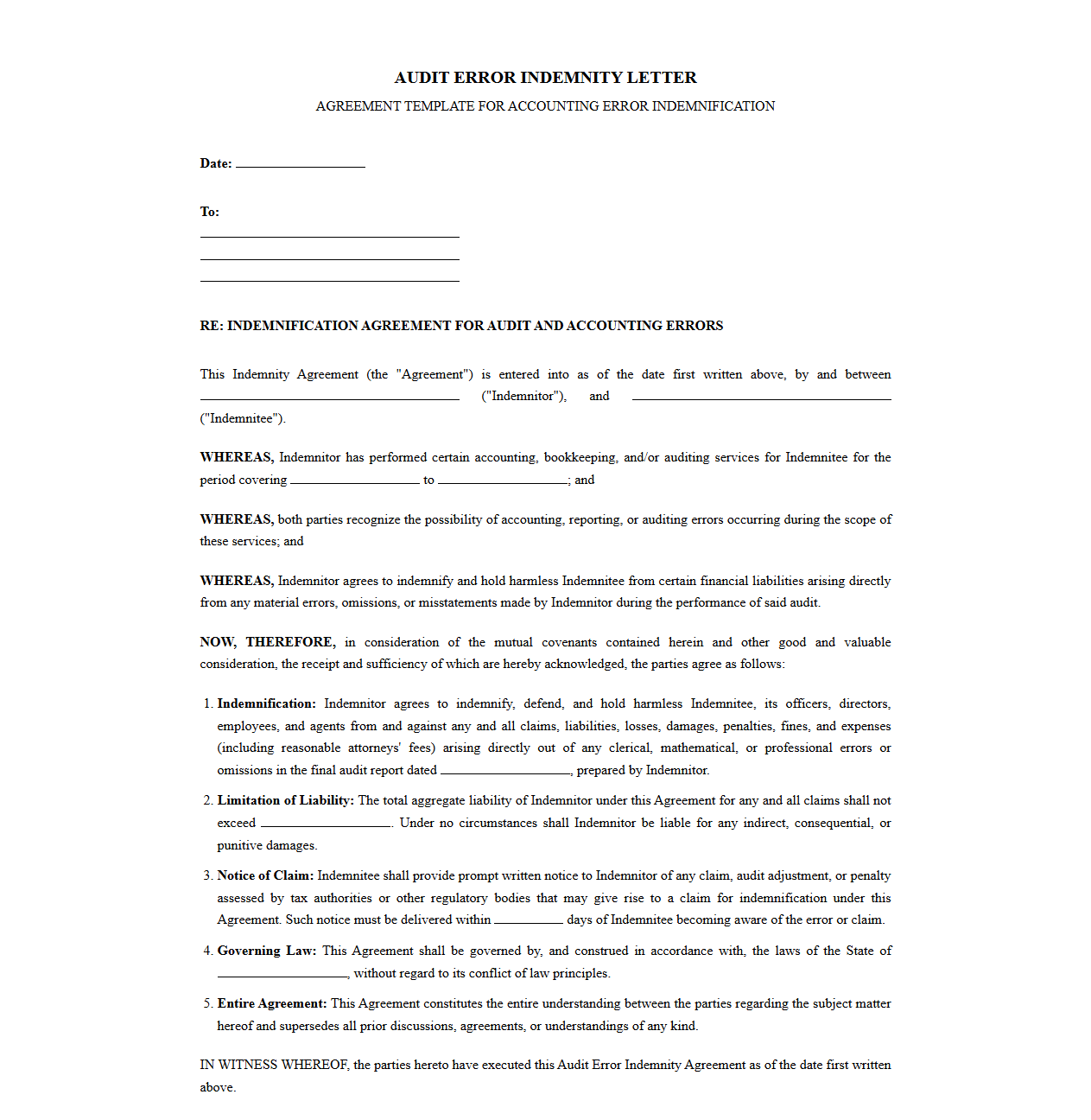 Audit Error Indemnity Letter Template