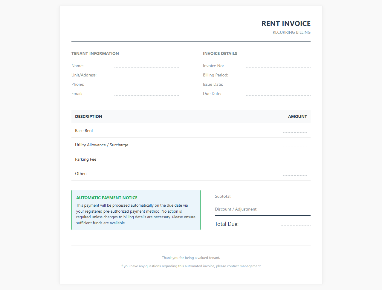 Automated Tenant Rent Invoice Template