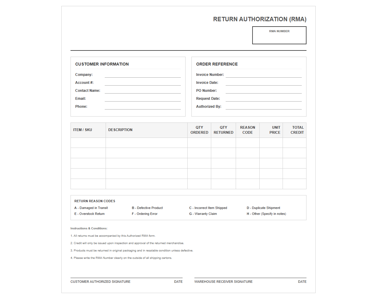 B2B Sales Return Authorization Form