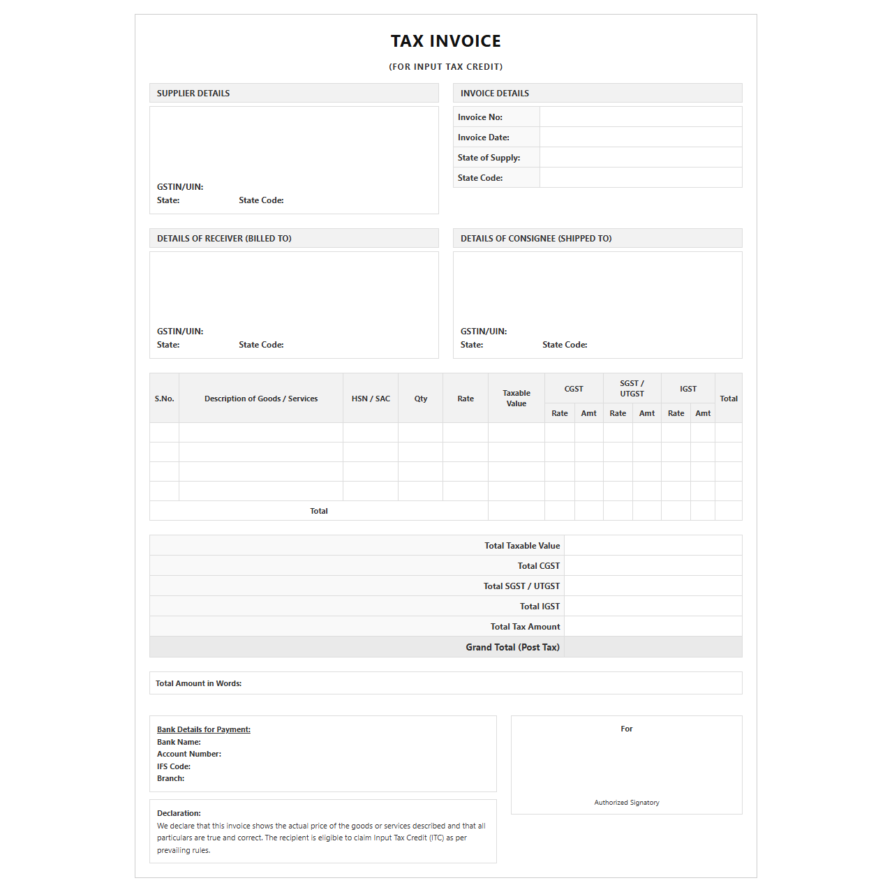 B2B Tax Invoice Template for Input Tax Credit
