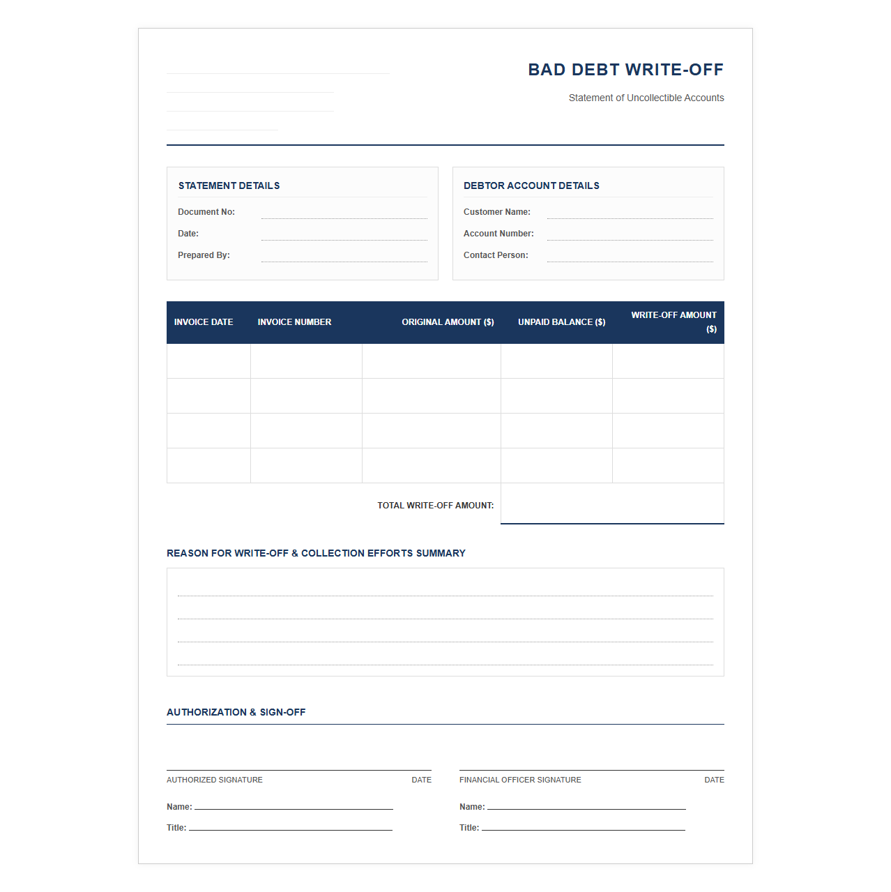 Bad Debt Write-Off Statement Template