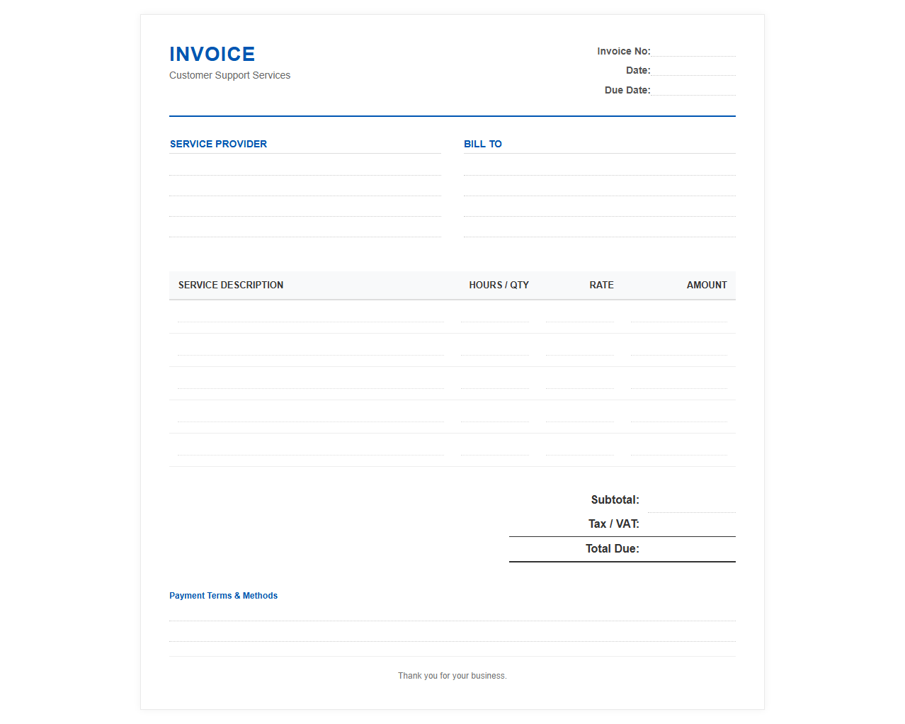 Billing Invoice for Customer Care Services