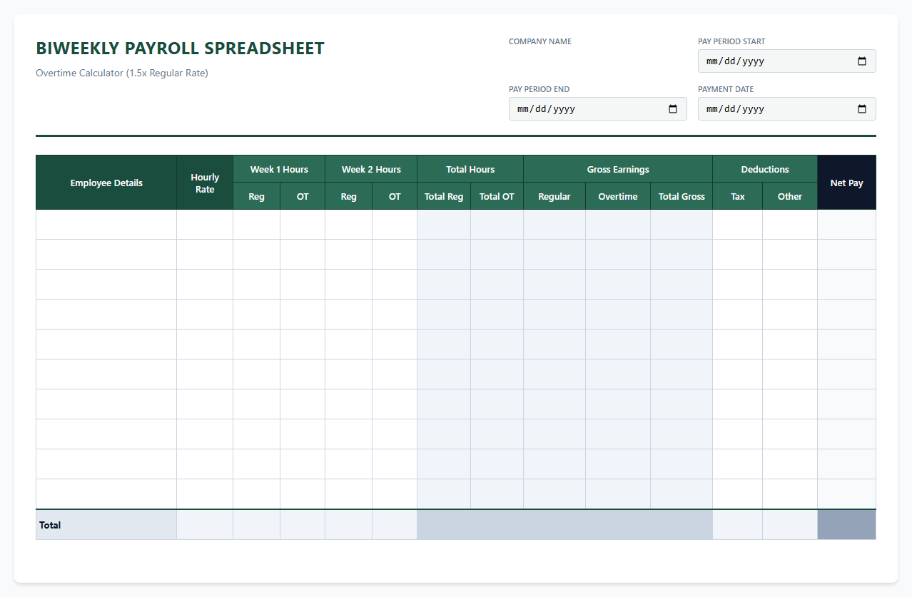 Biweekly Employee Payroll Spreadsheet with Overtime Calculator