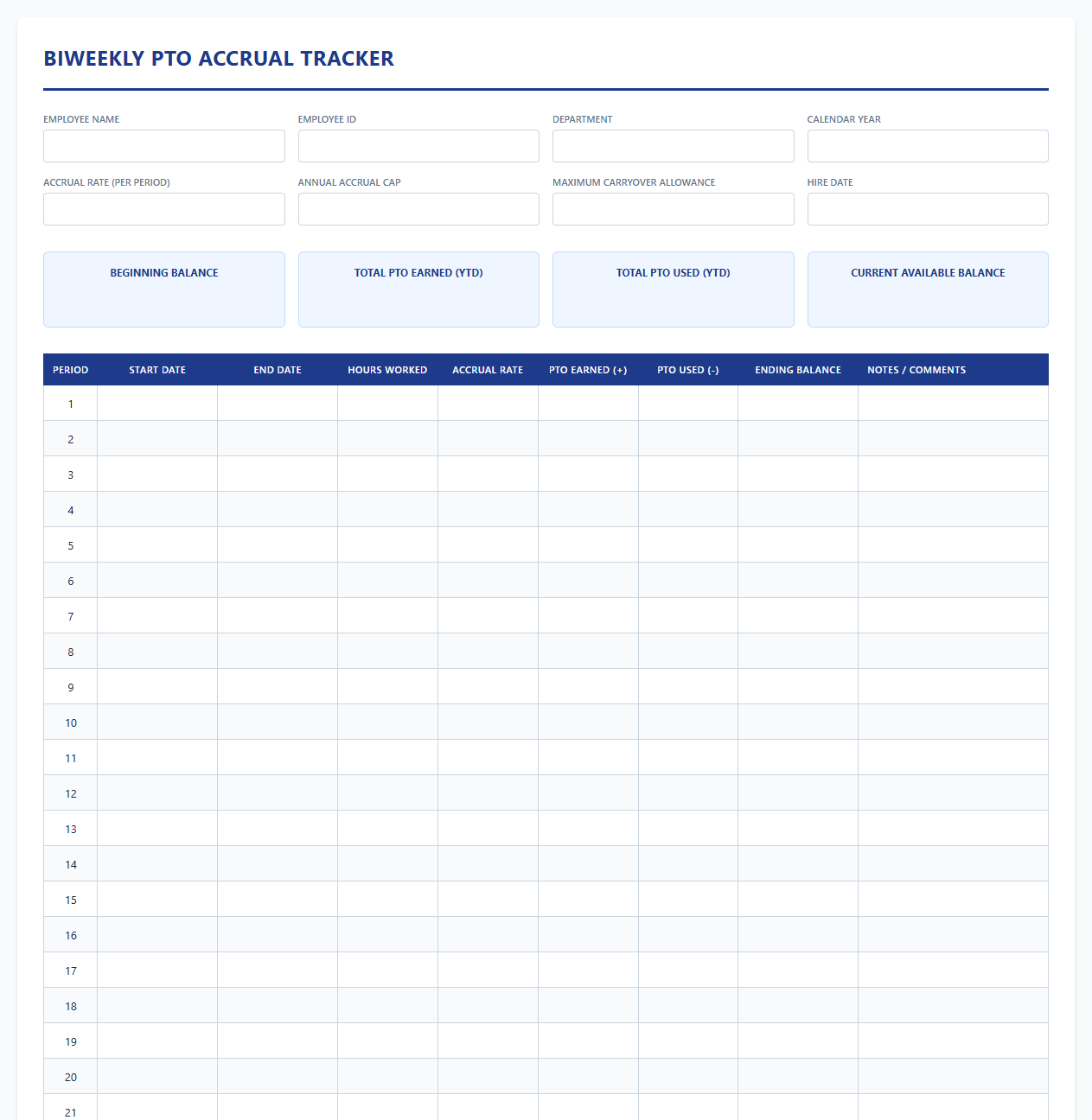Biweekly Payroll PTO Accrual Tracking Spreadsheet