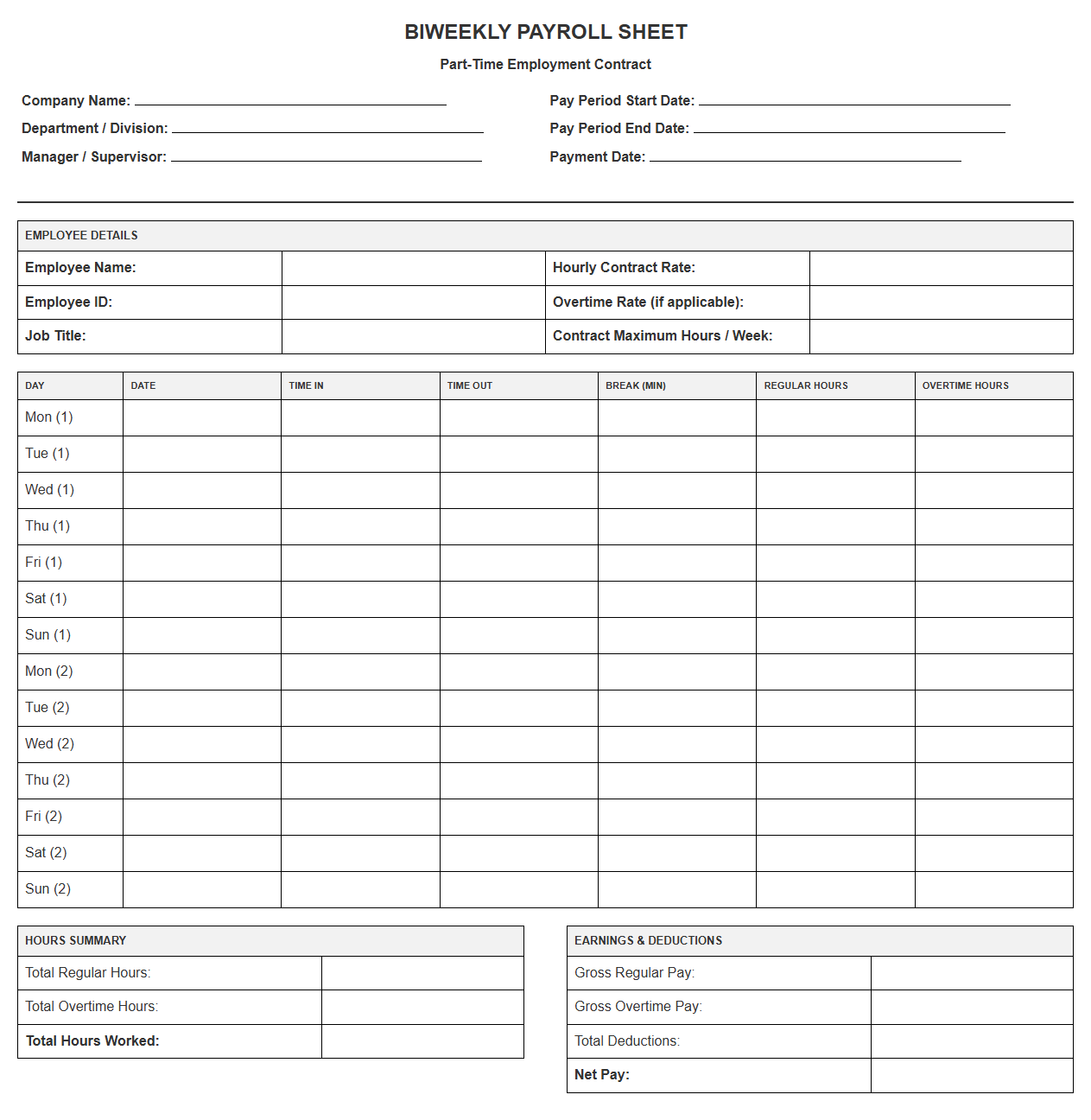 Biweekly Payroll Sheet for Part-Time Staff Contracts