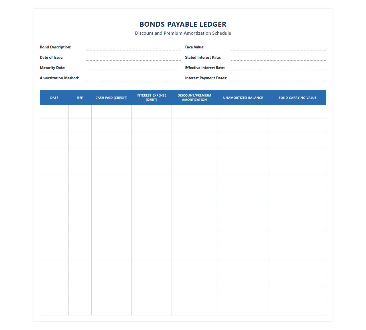 Bond Payable Discount and Premium Ledger