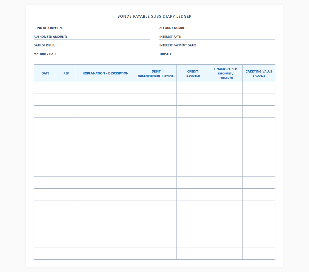 Bonds Payable Subsidiary Ledger Sheet