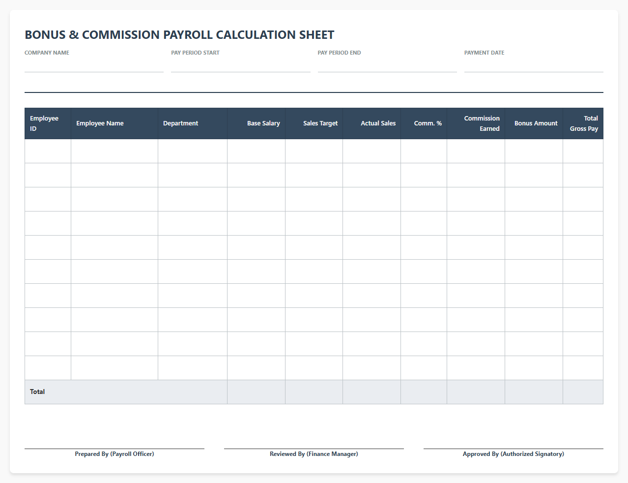 Bonus and Commission Payroll Calculation Sheet