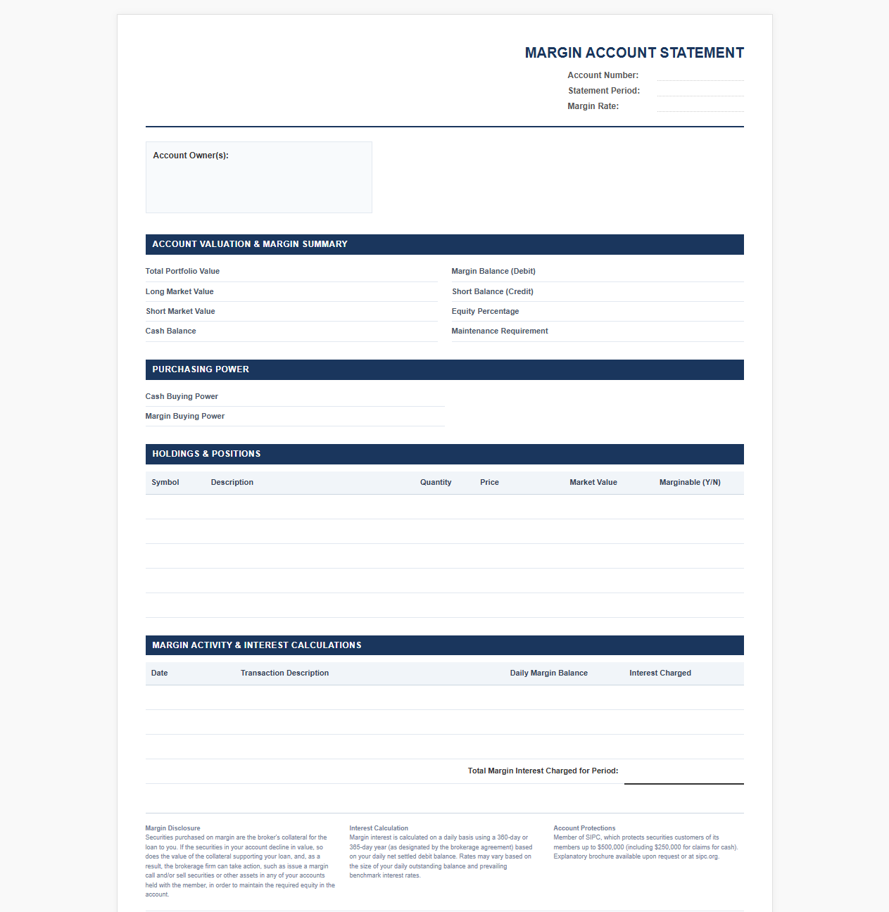 Brokerage Margin Account Statement Template
