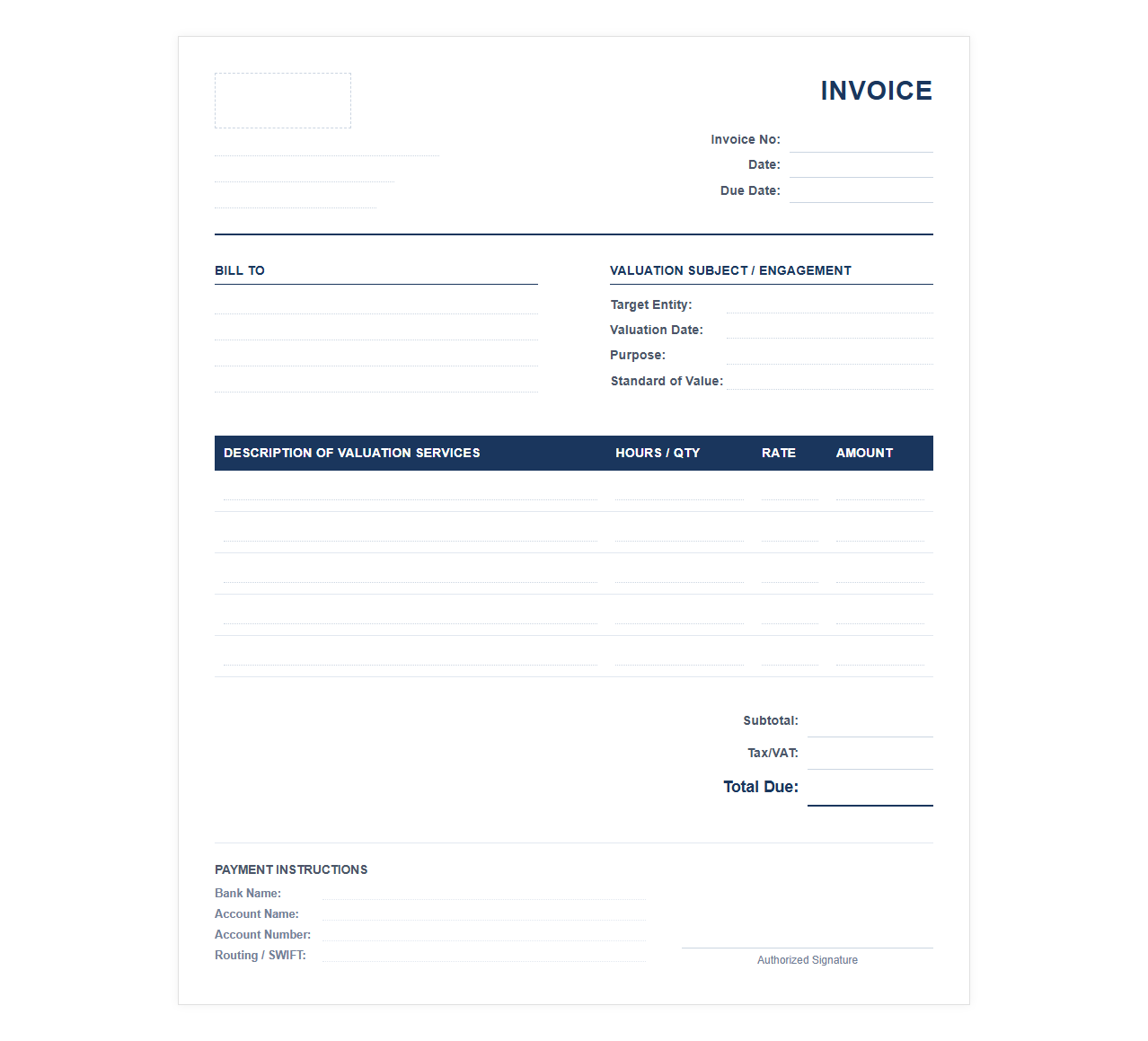 Business Appraisal and Valuation Invoice