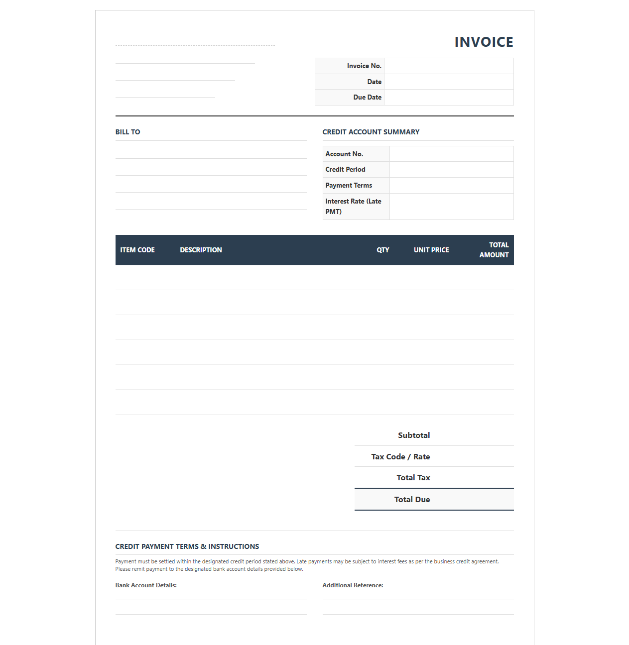 Business Credit Account Invoice Layout