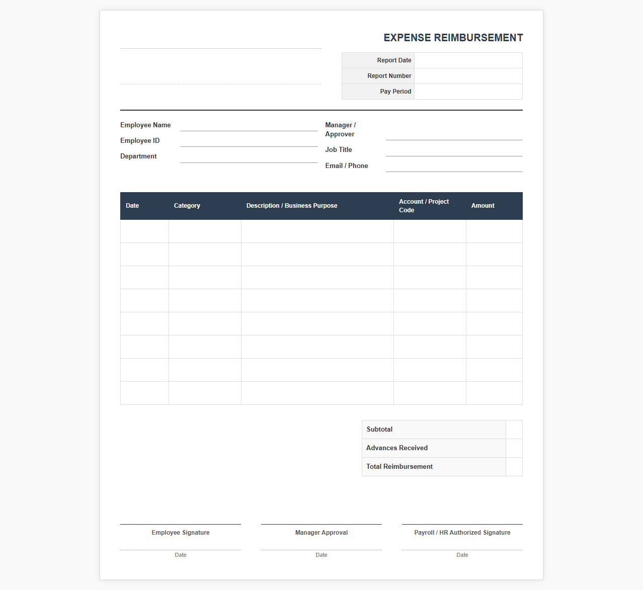 Business Expense Reimbursement Payroll Template