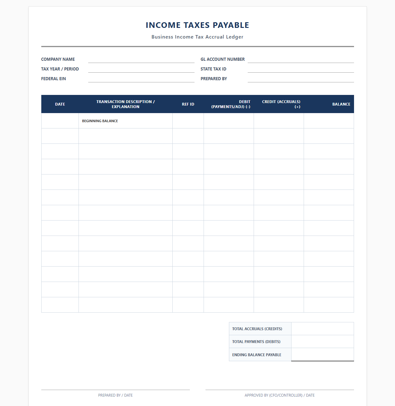 Business Income Tax Accrual Ledger Template