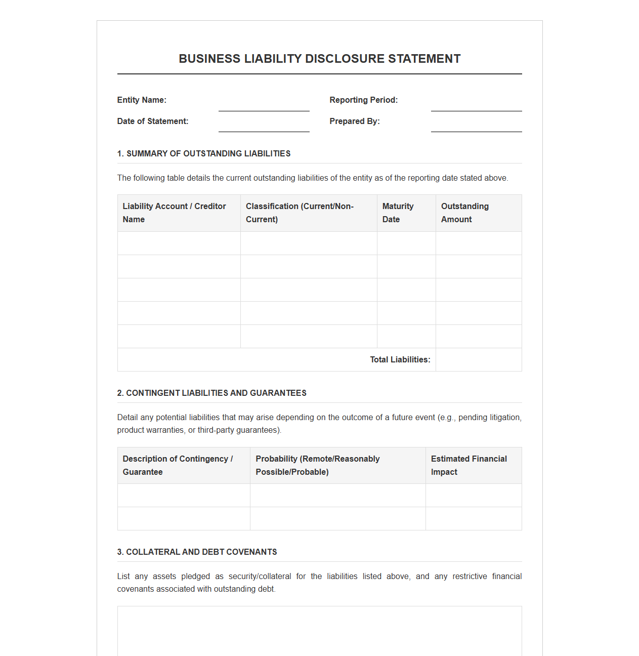 Business Liability Disclosure Statement Template