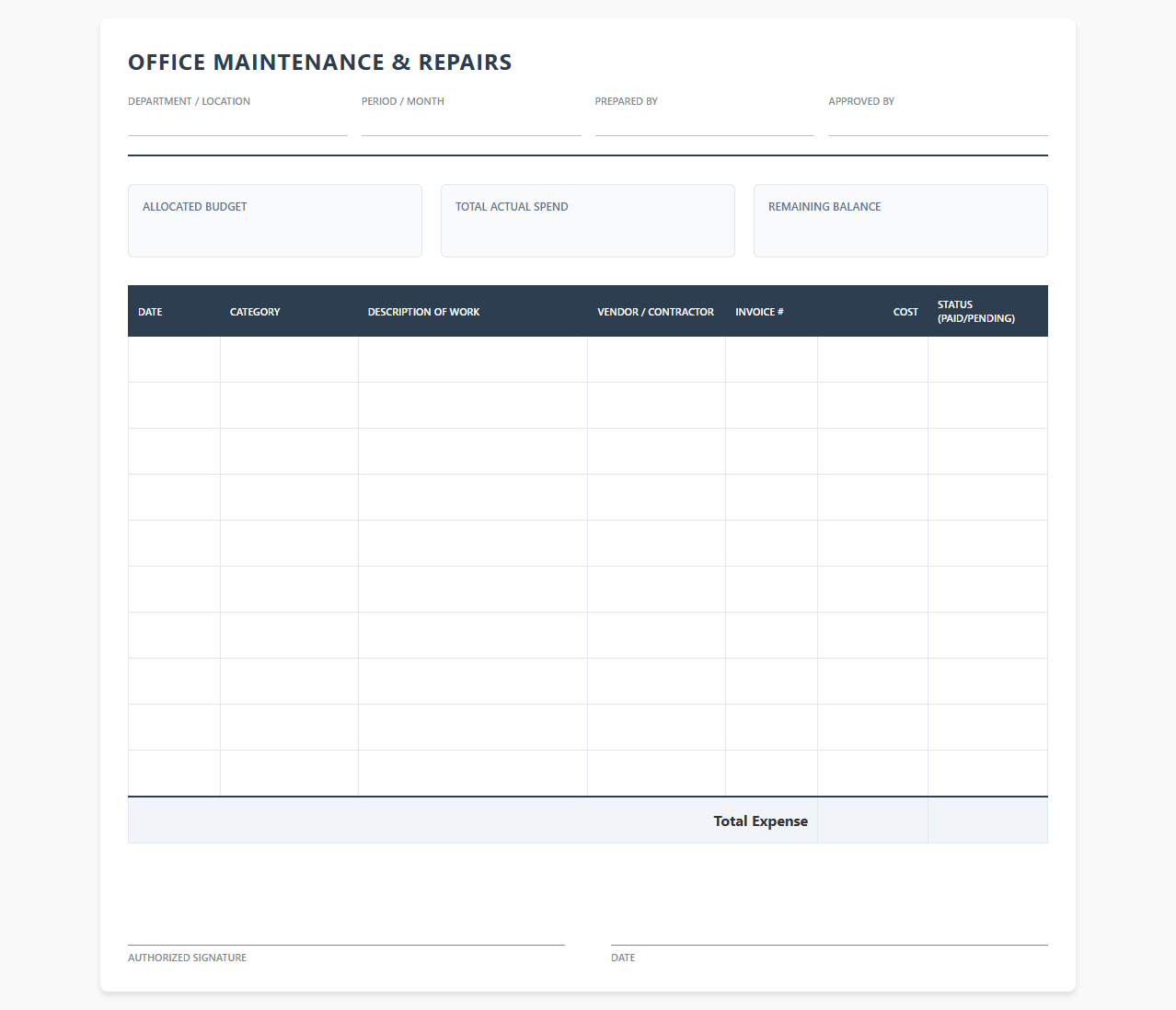 Business Maintenance and Repair Expense Spreadsheet