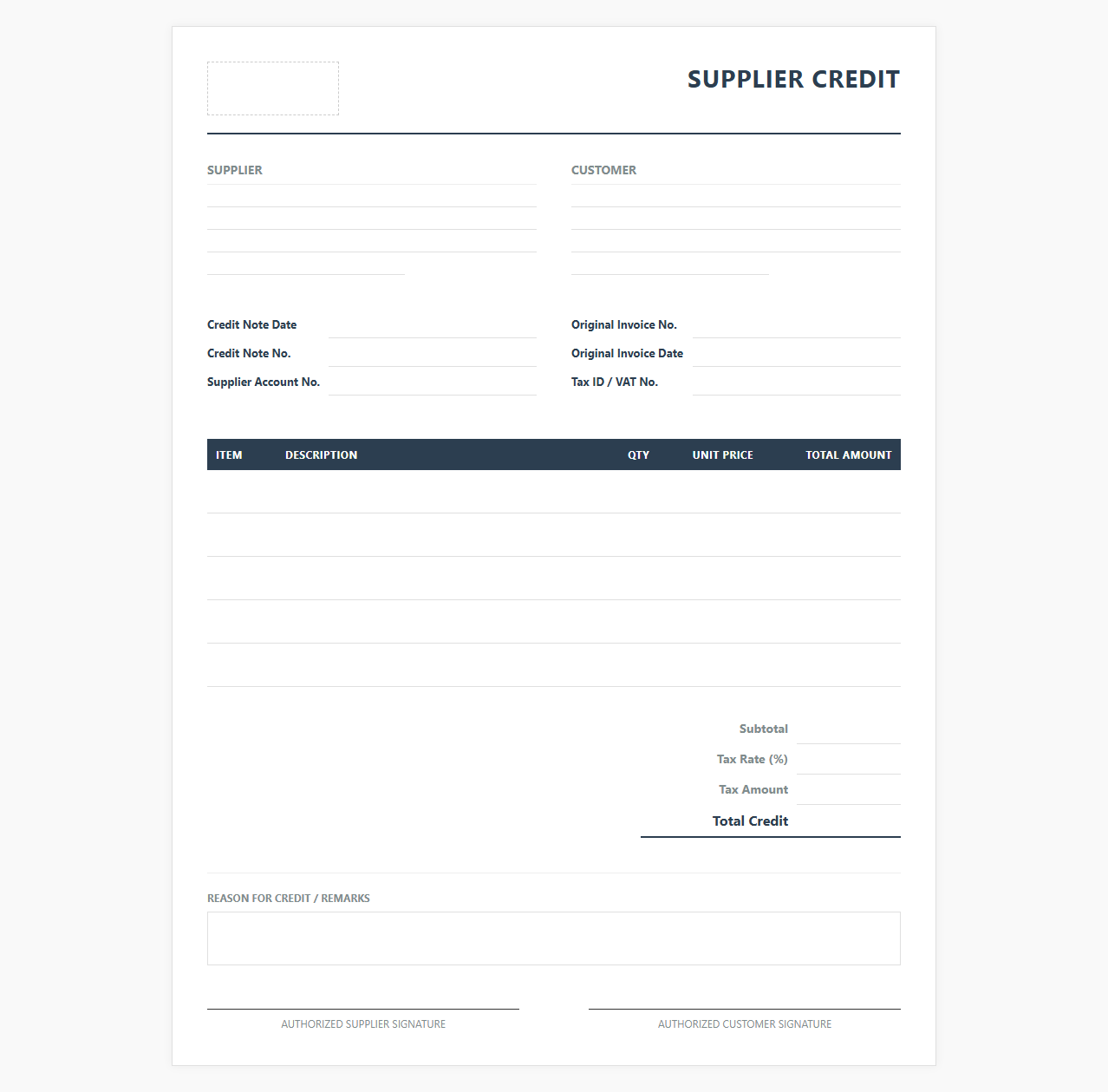 Business Supplier Credit Invoice Template