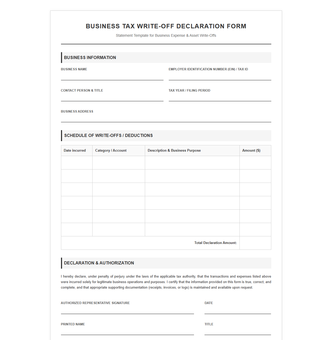 Business Tax Write-Off Declaration Form