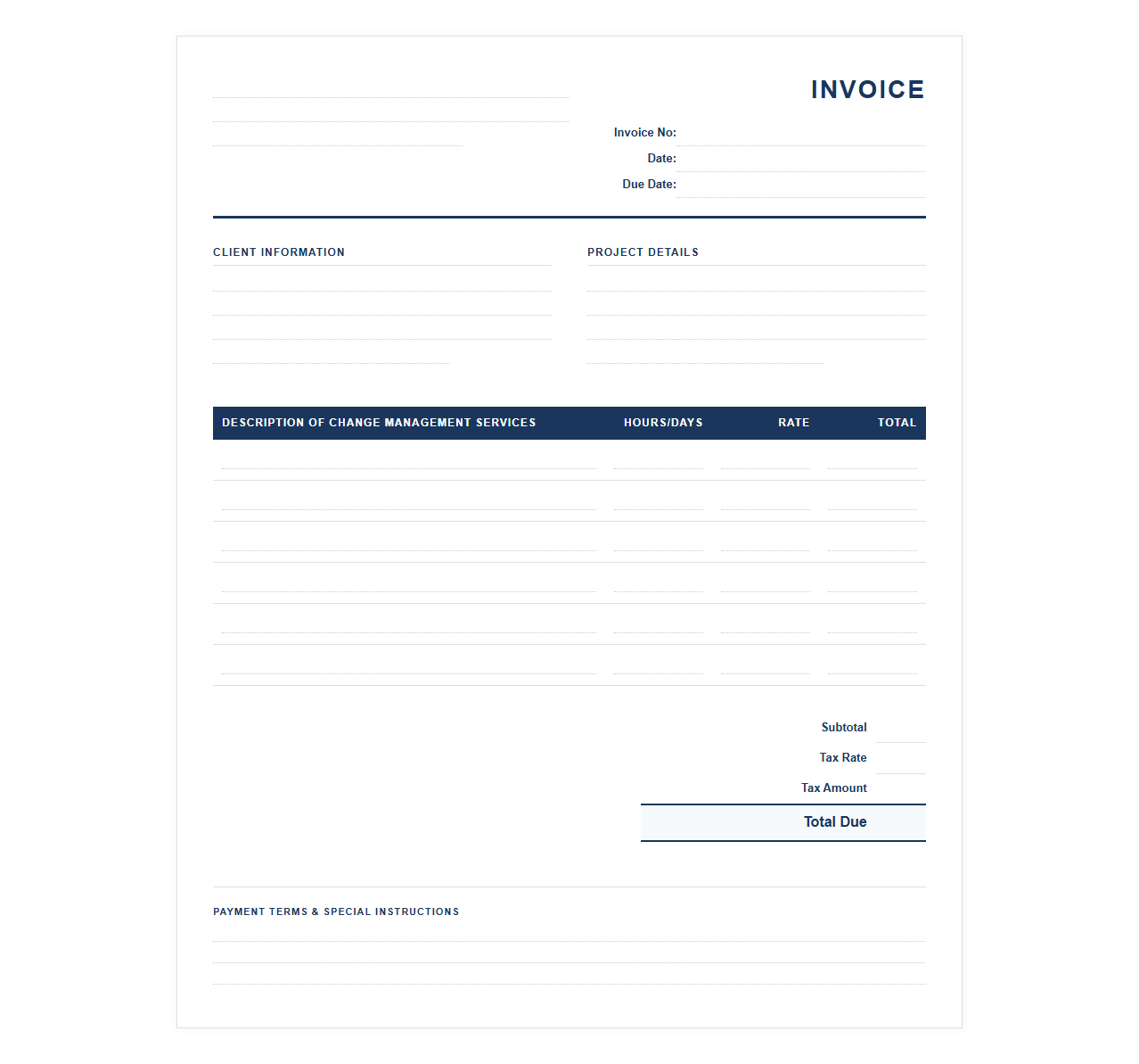 Business Transformation Services Invoice Sheet