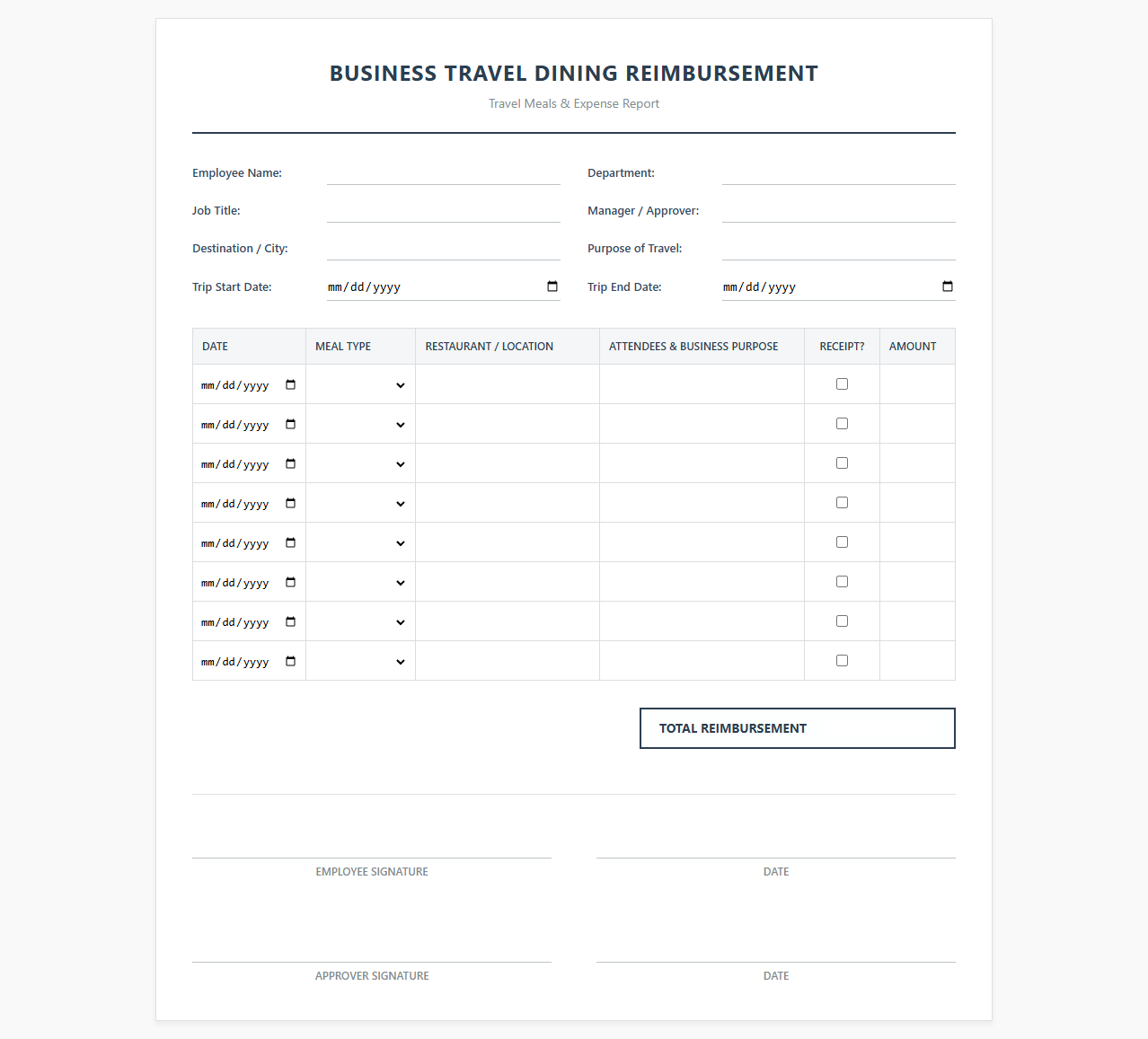 Business Travel Dining Reimbursement Form