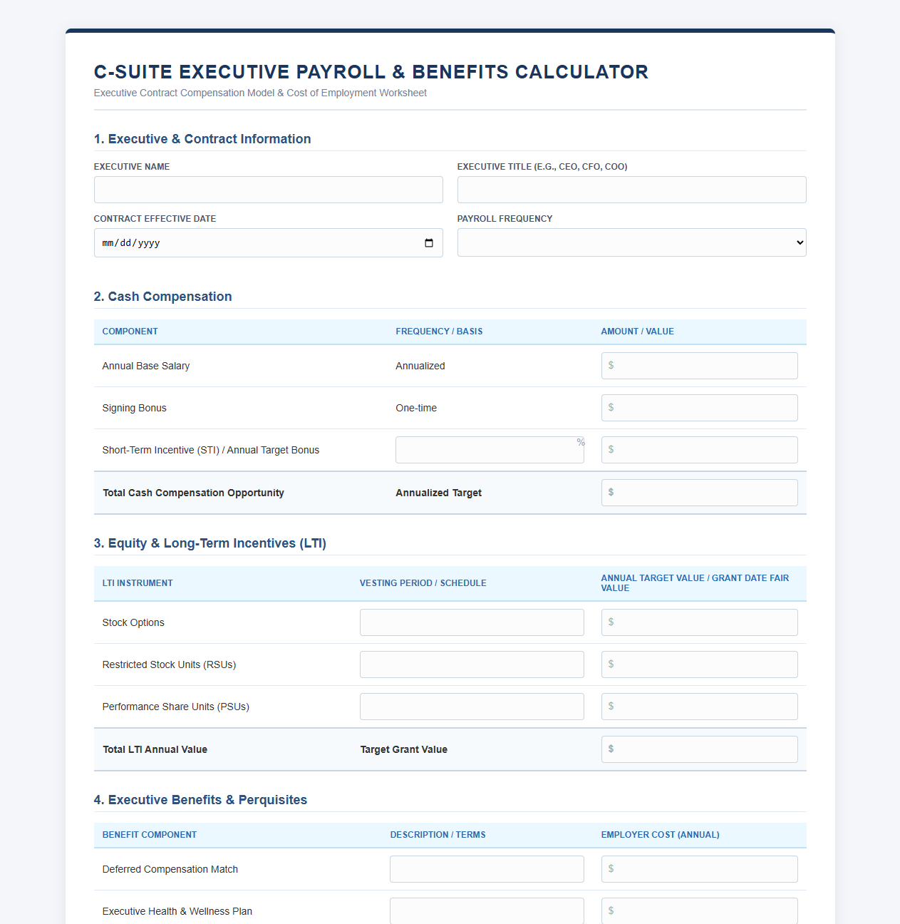 C-Suite Executive Payroll and Benefits Calculator